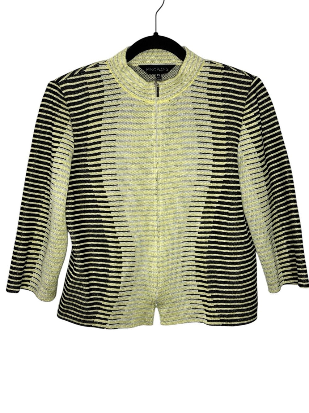 Ming Wang Yellow Black Abstract Full Zip 3/4 Sleeve Cardigan Sweater Jacket PS